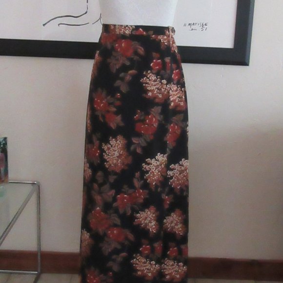 Vintage 1990s black & terracotta floral wrap midi skirt & scarf sz. 16 - Picture 5 of 14